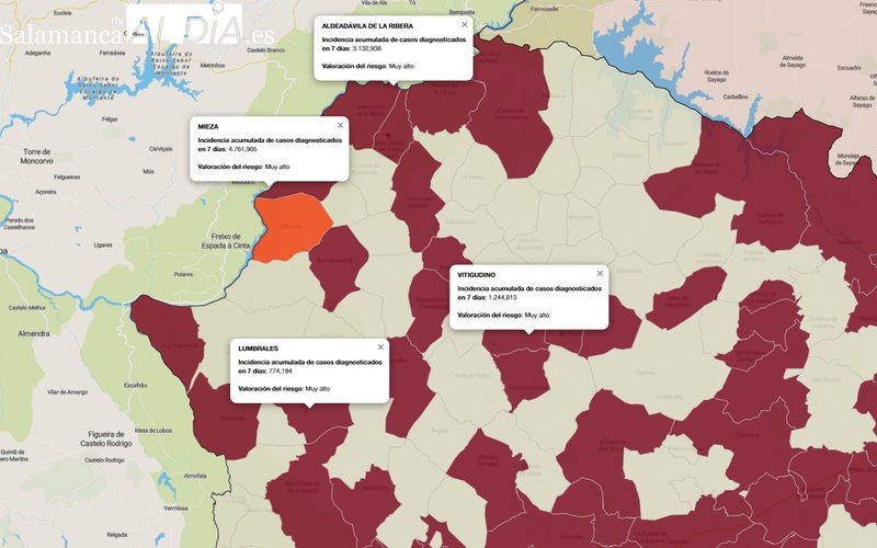 Mapa de incidencia de riesgo a 7 días con los municipios que presentan mayor número de contagios / FUENTE: JCYL  