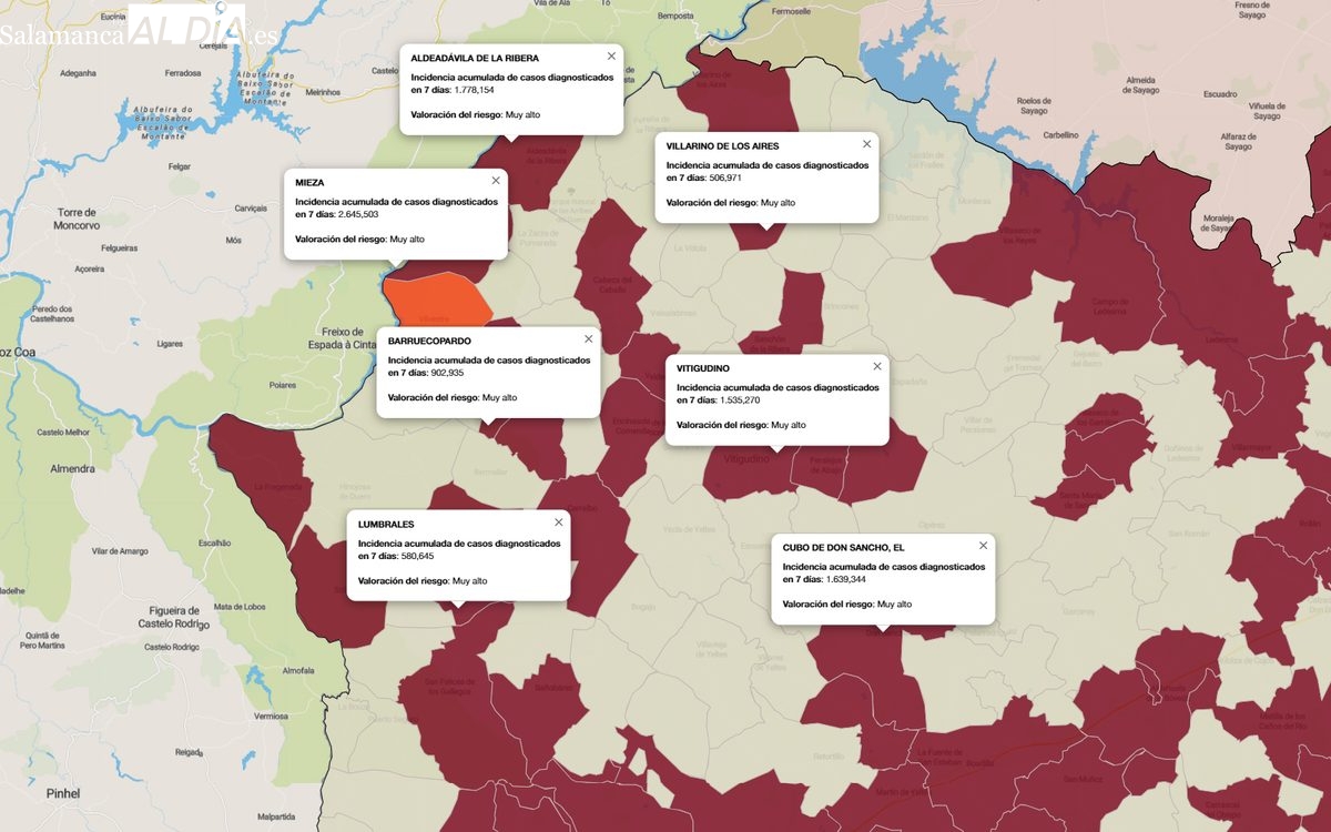 Mapa de incidencia de riesgo de los últimos 7 días con los municipios más afectados / INFOGRAFÍA: CORRAL (Fuente: JCyL)
