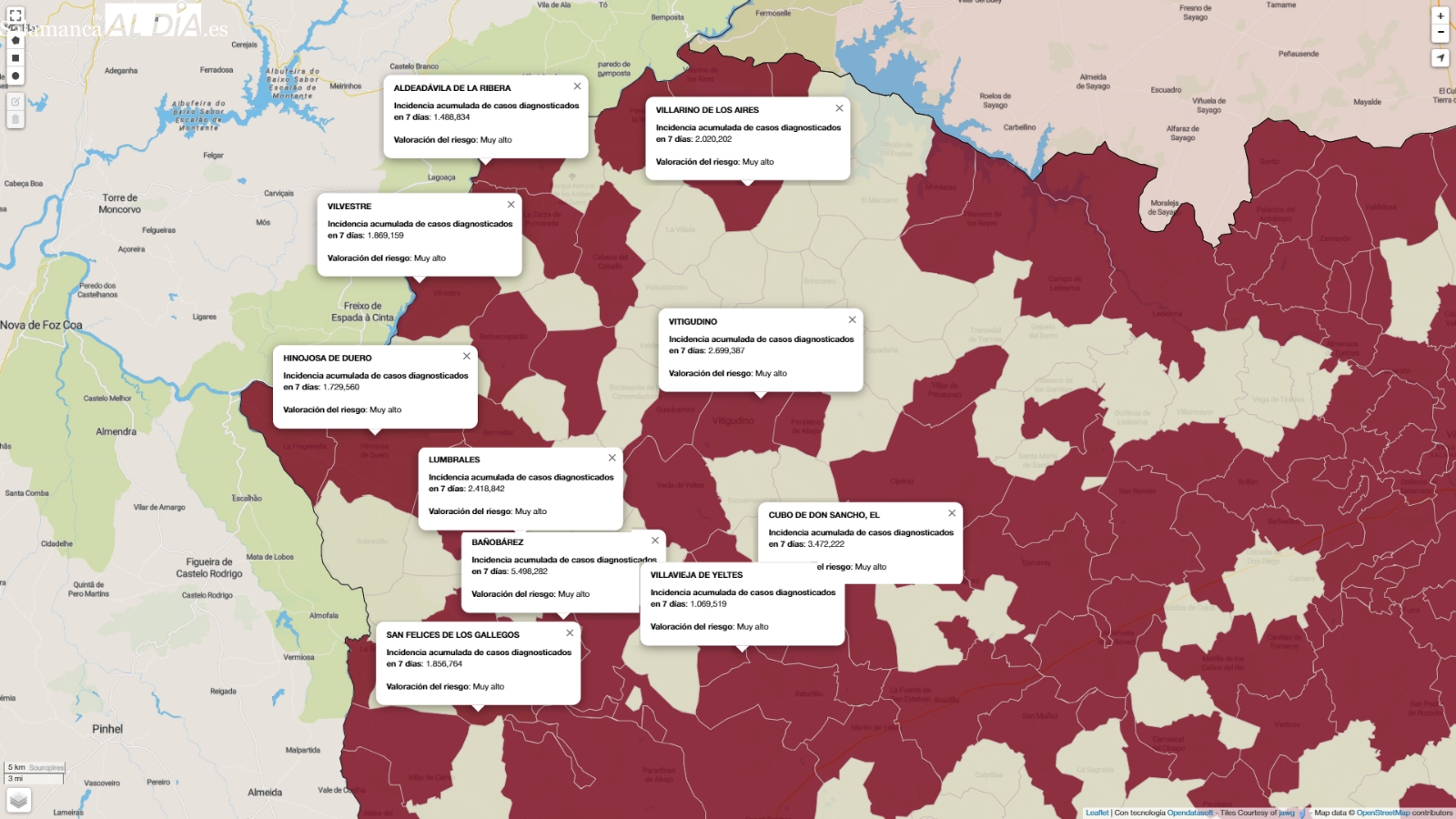 Mapa de indice de riesgo con los municipios que mayor número de contagios presentan / FUENTE: JCyL