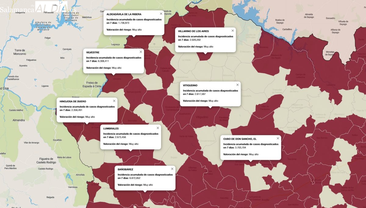 Mapa de incidencia de riesgo con los municipios que mayor número de contagios presentan / FUENTE: JCyL