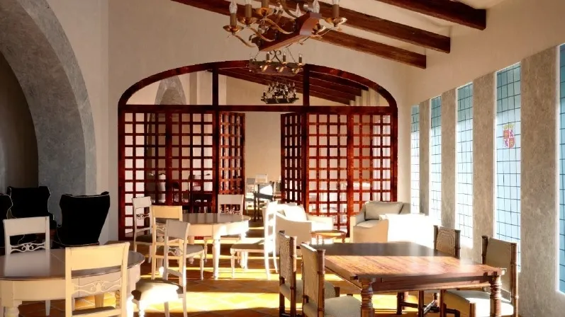 Imágenes actuales de los baños y la cafetería del Parador y de cómo quedarán tras la reforma