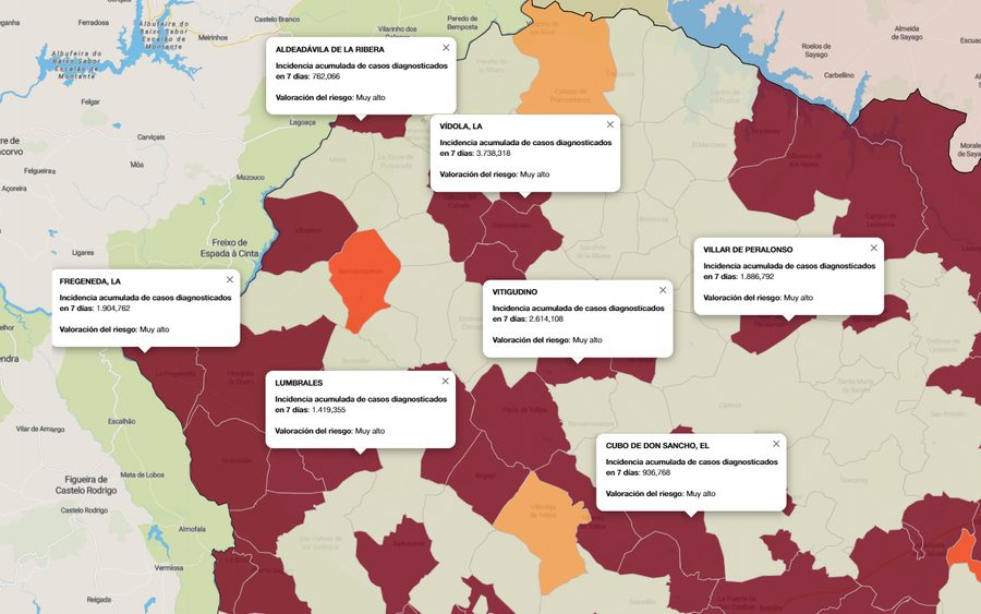 Mapa de incidencia de riesgo a 7 días con los municipios que presentan mayor número de contagios  / INFOGRAFÍA: CORRAL (fuente JCyL) 