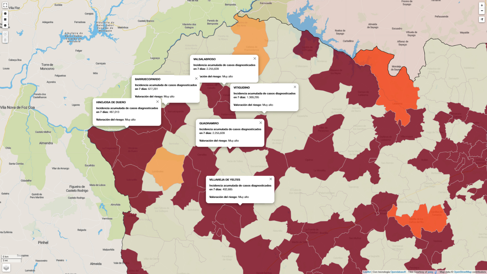   Mapa de incidencia de riesgo a 7 días con los municipios que presentan mayor número de contagios / INFOGRAFÍA: CORRAL (fuente JCyL)