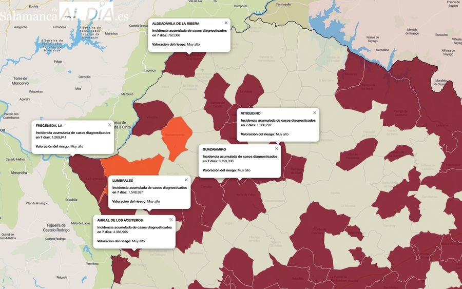 Mapa de incidencia de riesgo a 7 días con los municipios que presentan mayor número de contagios / INFOGRAFÍA: CORRAL (fuente JCyL)