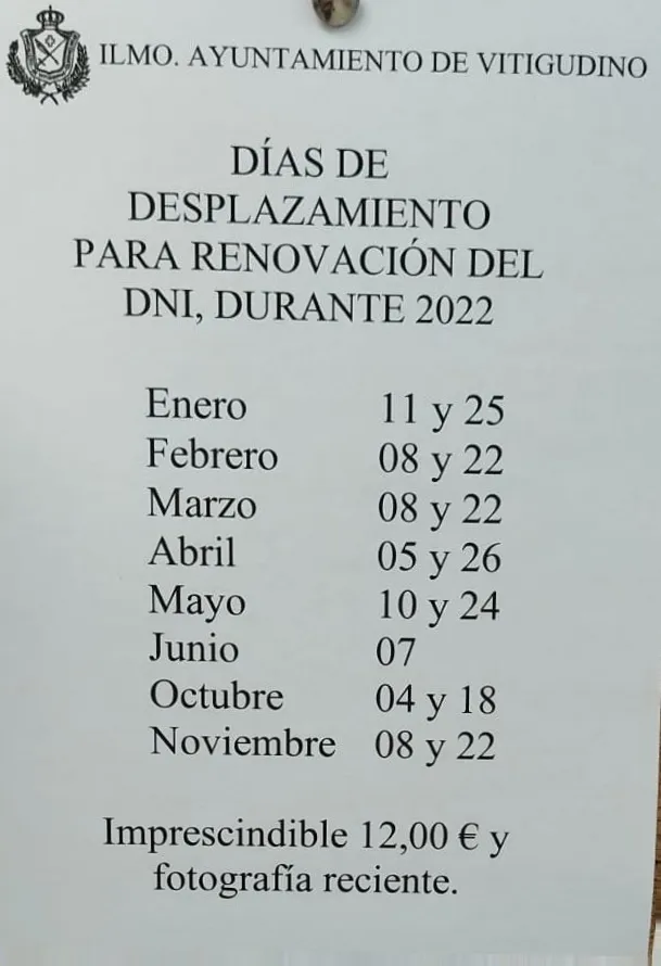 Calendario de renovación del DNI en Vitigudino