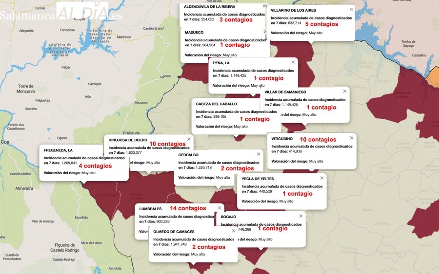Mapa de incidencia de riesgo a 7 días con los municipios que presentan mayor número de contagios / INFOGRAFÍA: CORRAL (fuente JCyL)