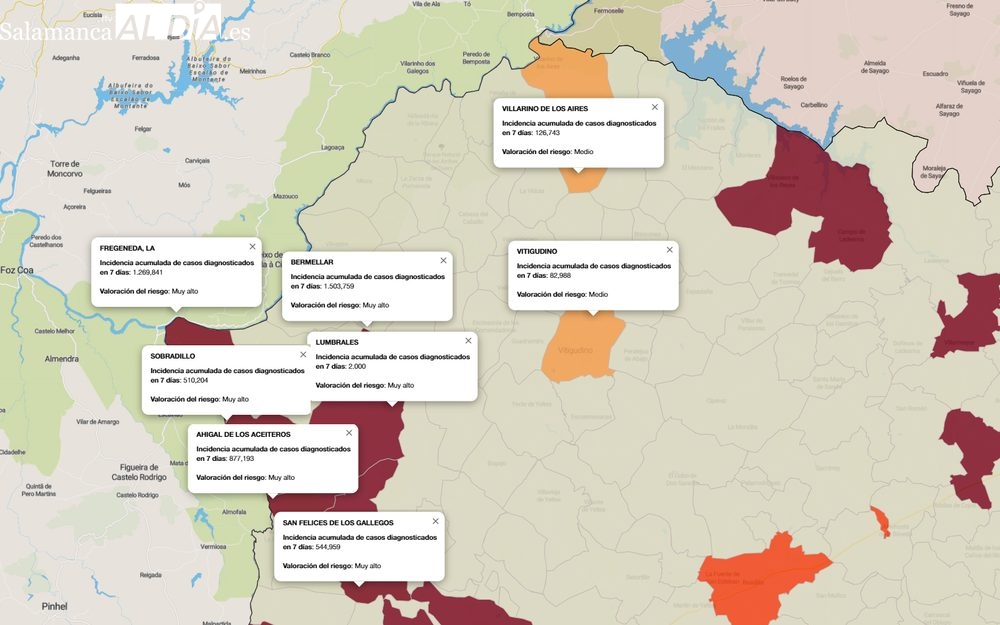 Mapa de incidencia de riesgo a 7 días con los municipios pertenecientes a las tres zonas de salud de Las Arribes  / INFOGRAFÍA: CORRAL (fuente JCyL)