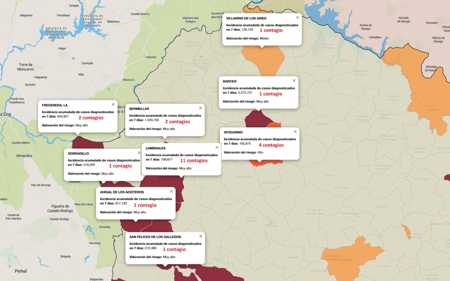 Mapa de incidencia de riesgo a 7 días con los municipios pertenecientes a las tres zonas de salud de Las Arribes  / INFOGRAFÍA: CORRAL (fuente JCyL)