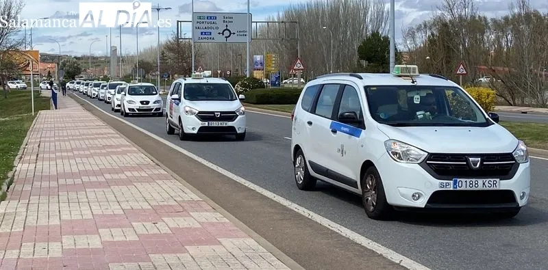 Caravana de taxistas en Salamanca, que se ha unido a la marcha lenta de los transportistas