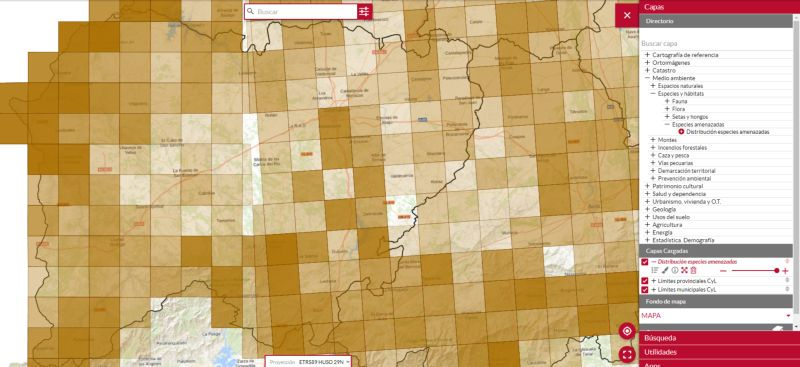 El IDECyL de la Junta de Castilla y León muestra un mapa con la ubicación de las especies amenazadas en Salamanca