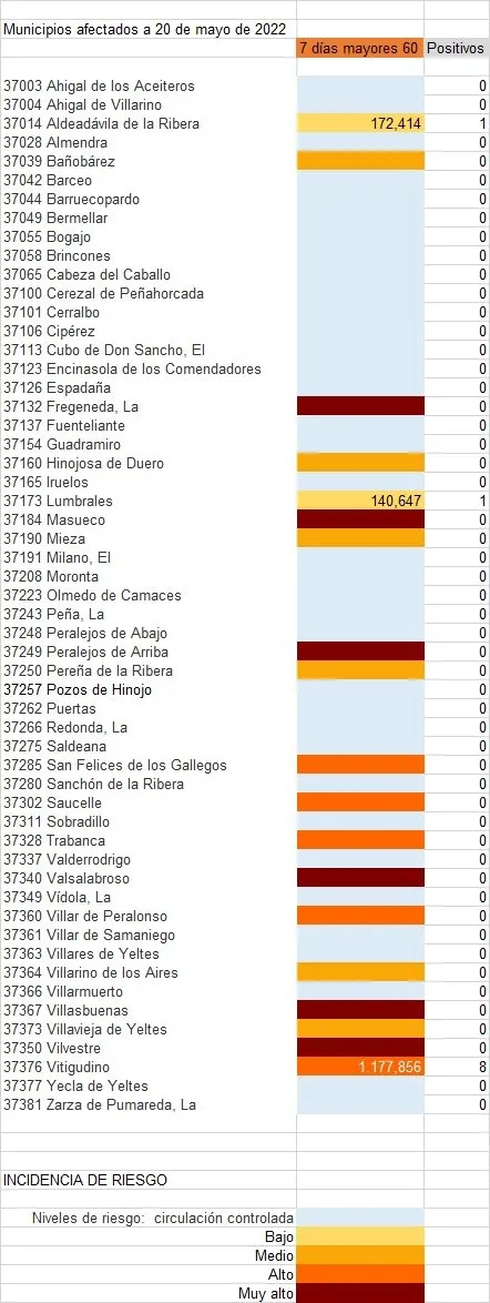 Listado de municipios con positivos entre la población de más de 60 años 