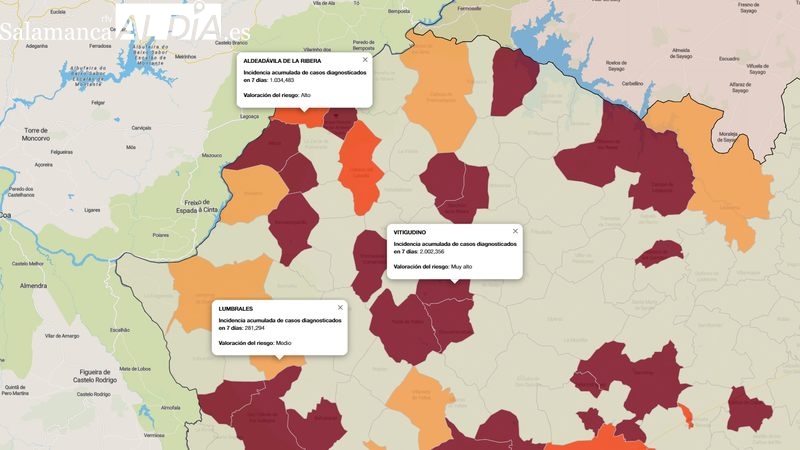 Mapa de incidencia de riesgo de localidades con contagios en los últimos 7 días / FUENTE: JCyL