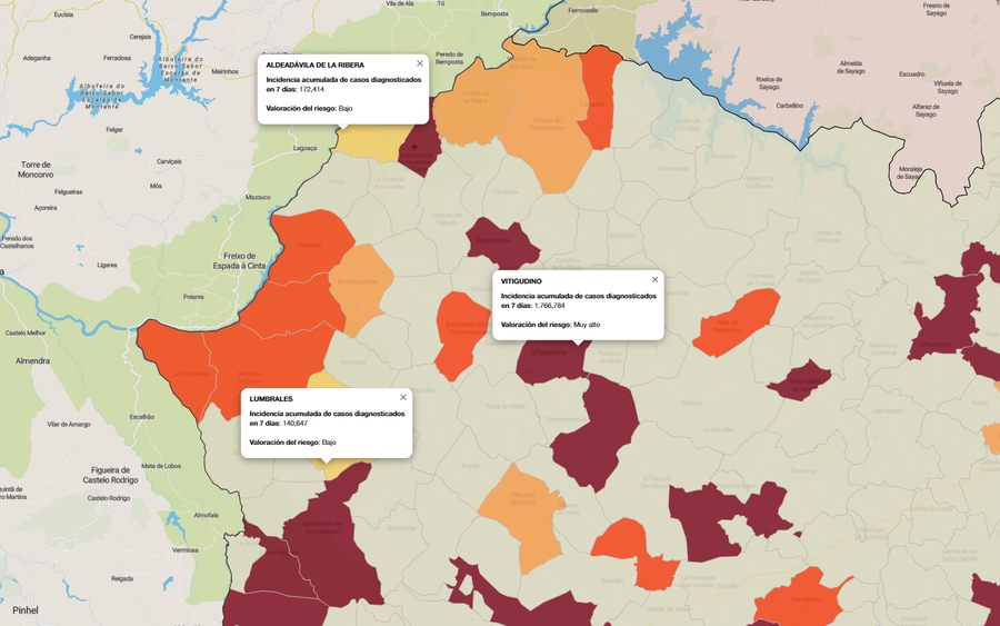 Mapa de incidencia de riesgo en municipios de más de 1.000 habitantes y con contagios entre mayores de 60 años