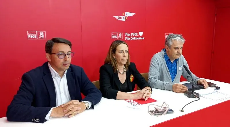 Los procuradores del PSOE de Salamanca, Fernando Pablos y Rosa Rubio, y el secretario de política municipal en la dirección de los socialistas salmantinos, Fernando Rubio, en esta rueda de prensa sobre la sanidad en Salamanca. Foto PSOE