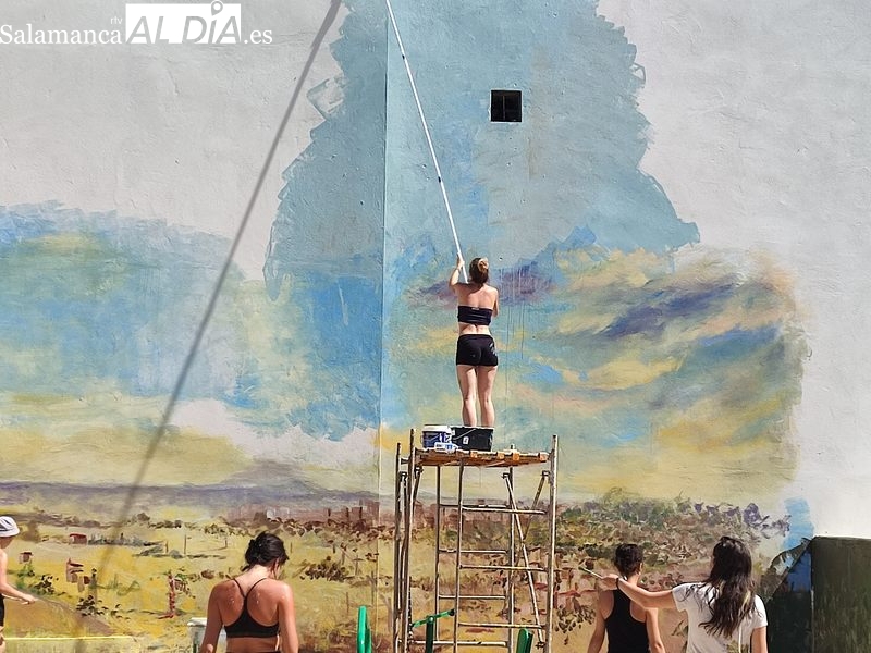 Un gan mural con la imagen de Vitigudino y su cielo embellece el parque biosaludable de San Blas en Vitigudino / CORRAL