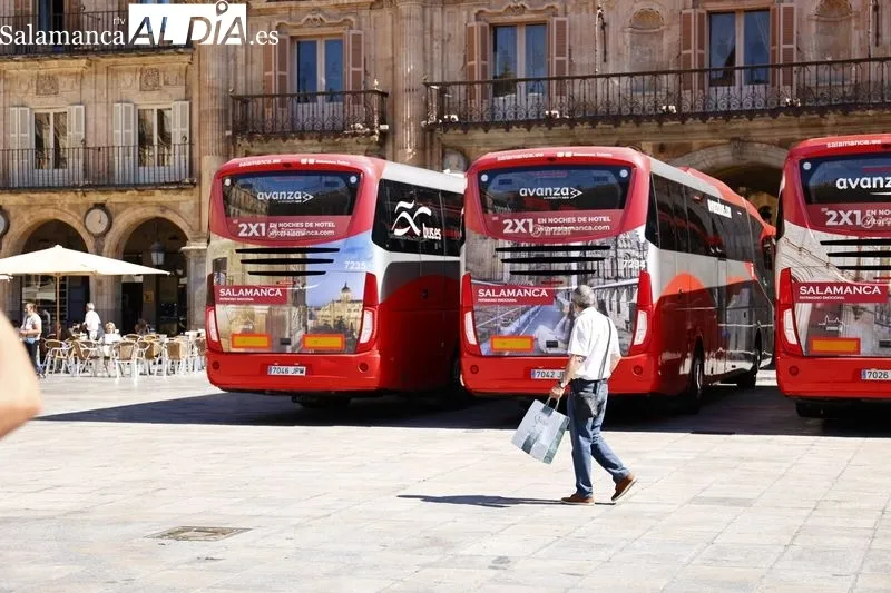 Autobuses que lucirán vinilos promocionales de Salamanca. Fotos: David Sañudo
