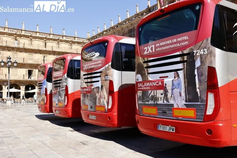 Autobuses que lucirán vinilos promocionales de Salamanca. Fotos: David Sañudo