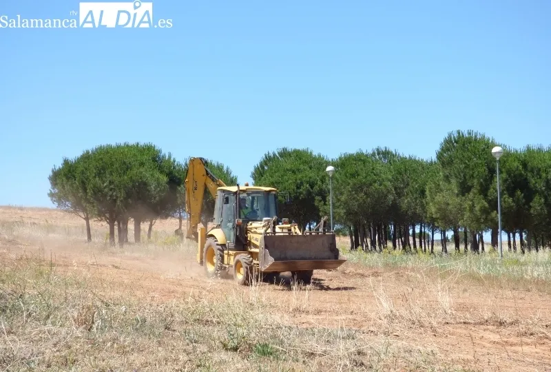 Excavadora limpiando una zona verde de Los Alcaldes. Los vecinos se quejan de que el Ayuntamiento las envíe en vez de tener la zona adecentada.