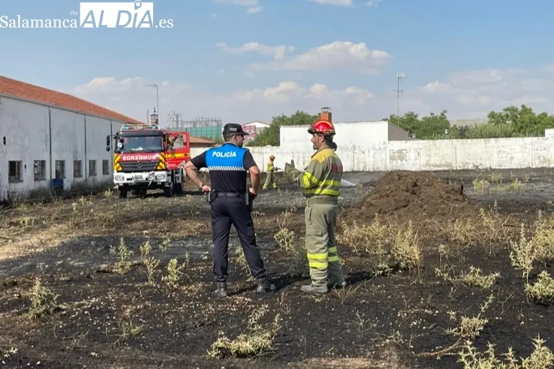 Los bomberos de Peñaranda sofocaban un incendio declarado en una parcela del polígono industrial