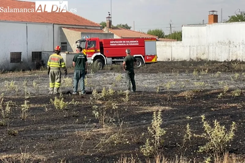 Los bomberos de Peñaranda sofocaban un incendio declarado en una parcela del polígono industrial
