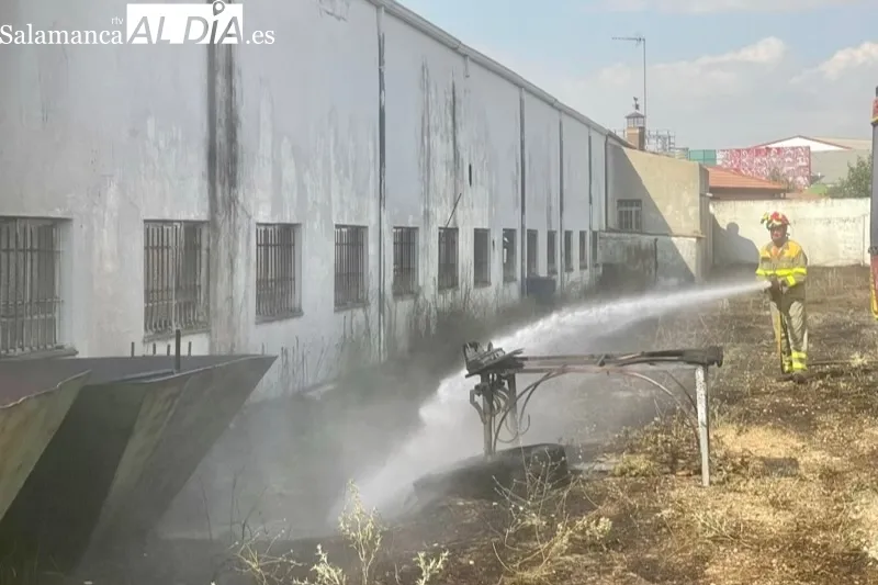 Los bomberos de Peñaranda sofocaban un incendio declarado en una parcela del polígono industrial