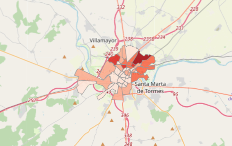 Mapa del porcentaje de población respecto a la total del municipio, según los datos del Observatorio de Salamanca.