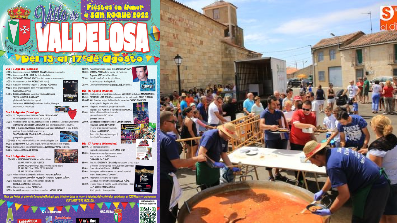 A la izquierda, programa de fiestas completo de San Roque en Valdelosa 2022; a la derecha, imagen de la comida popular en la localidad en 2016.