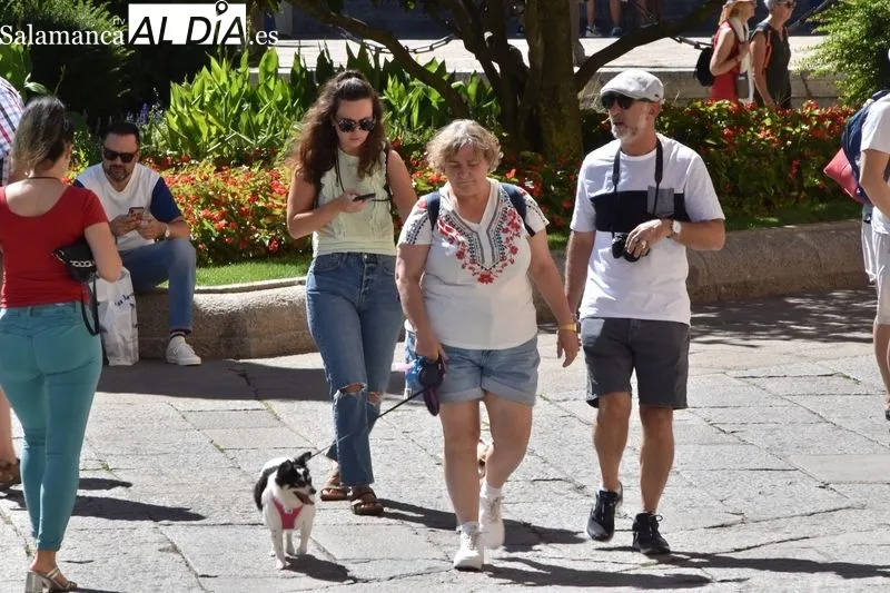 Turistas por el centro de Salamanca en la mañana de este sábado