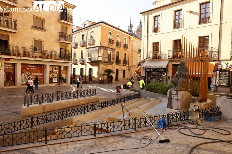 Tareas de limpieza en la fuente y la escultura del Maestro Salinas en la Rúa Mayor
