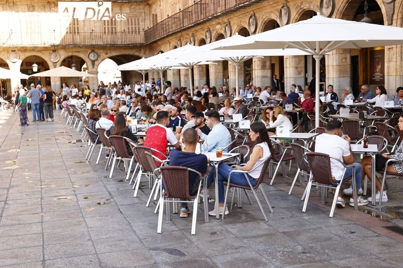Salmantinos y turistas, en la mañana de este domingo por el centro de Salamanca