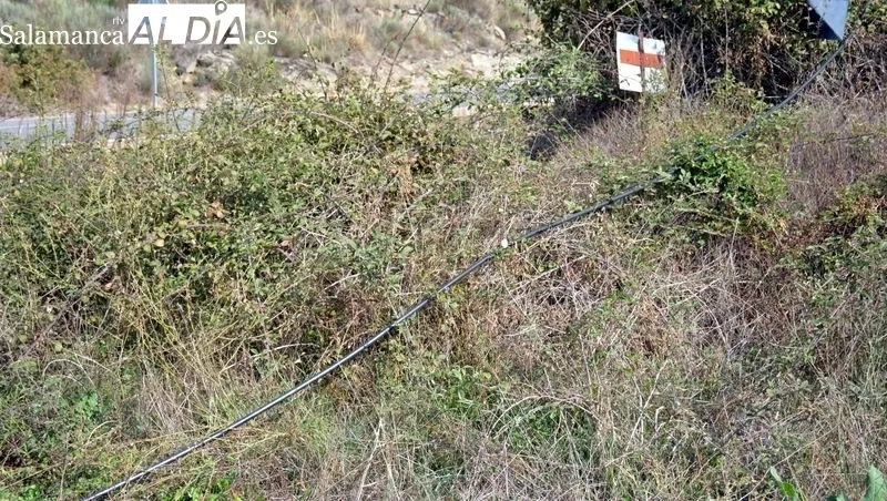 El cable de fibra está en el suelo atravesando un camino agrícola