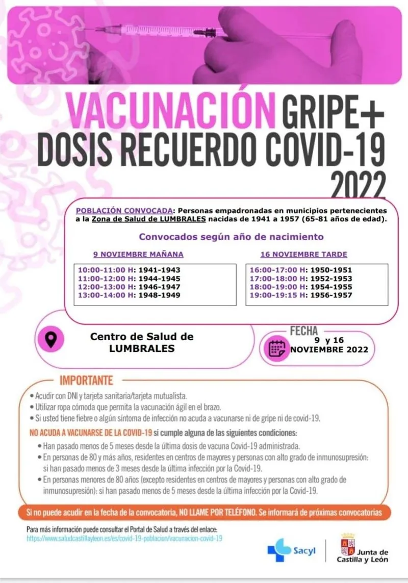 Mañana 9 de noviembre están llamados a vacunarse los nacidos entre 1941 y 1949, y el 16 de noviembre los nacidos entre 1950 y 1957