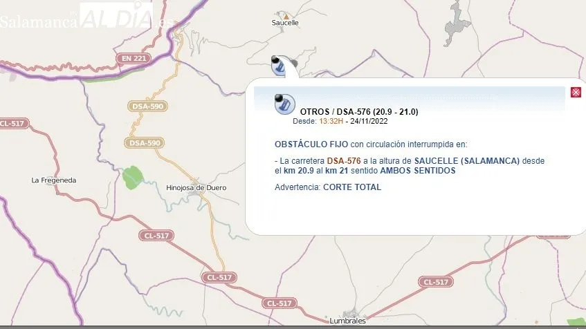 Mapa de la DGT del lugar en el que se sitúa el obstáculo en la calzada que une Saucelle y Lumbrales por el Puerto de la Molinera 