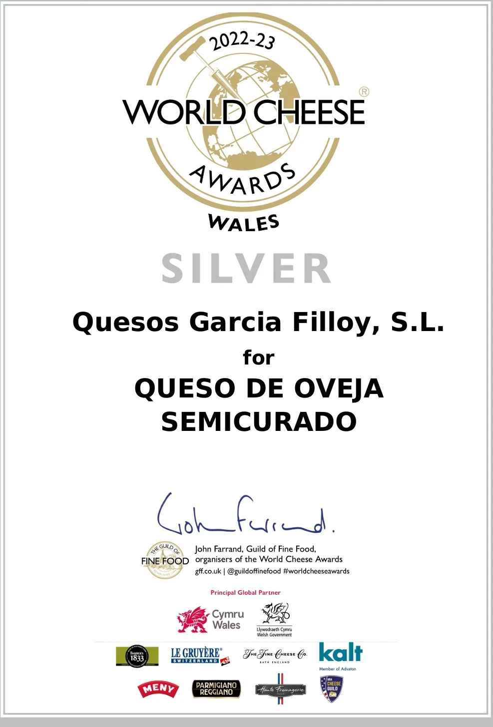 Foto 2 - Quesos Garc&iacute;a Filloy obtiene una medalla de plata en el prestigioso World Cheese Awards