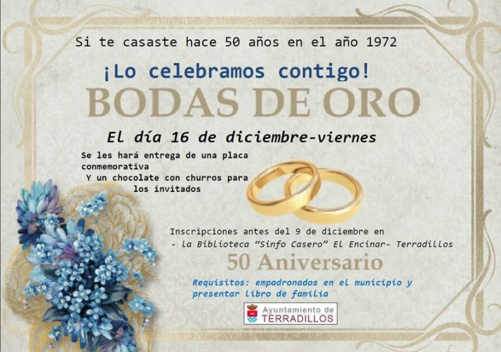 Terradillos invita a aquellos que hagan 50 años de casados a celebrar sus bodas de oro