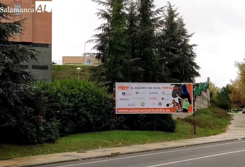 Valla publicitaria de SALAMANCA AL DÍA en la Vía Helmántica, frente al puente Enrique Estevan y al lado de la Glorieta de Vettones y Vacceos. Foto de David Sañudo