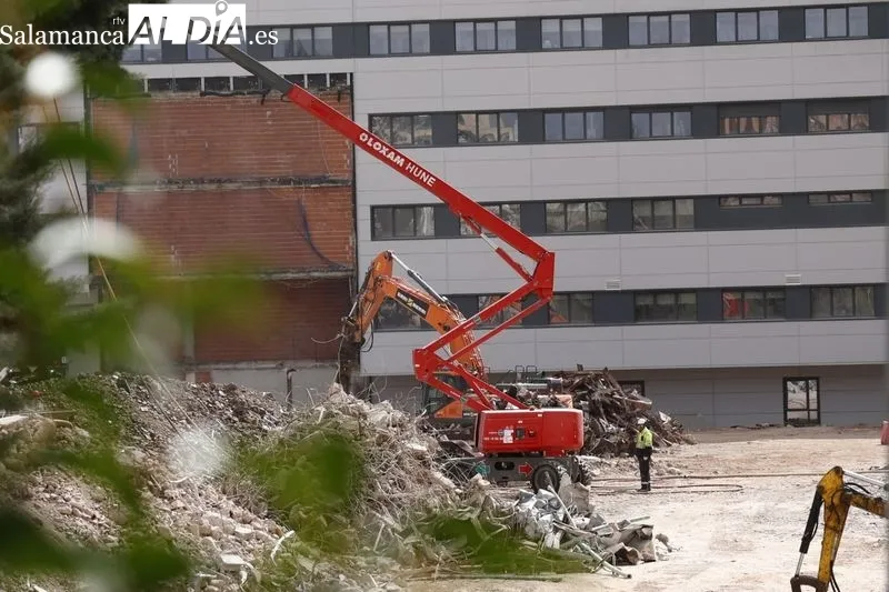 Trabajos de este viernes para el derribo del viejo Hospital Clínico de Salamanca. Foto de David Sañudo
