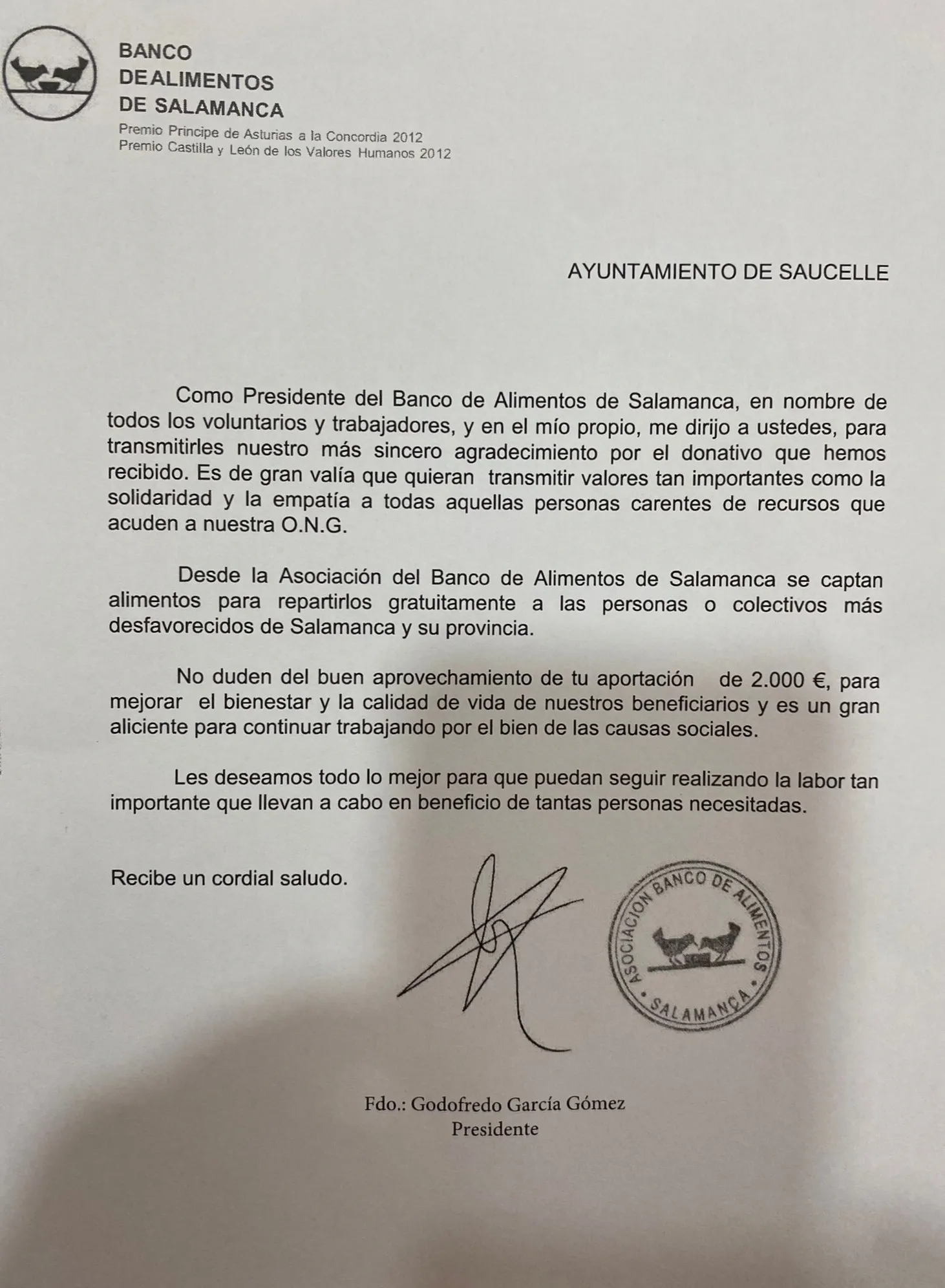 Carta del presidente del Banco de Alimentos al Ayuntamiento de Saucelle