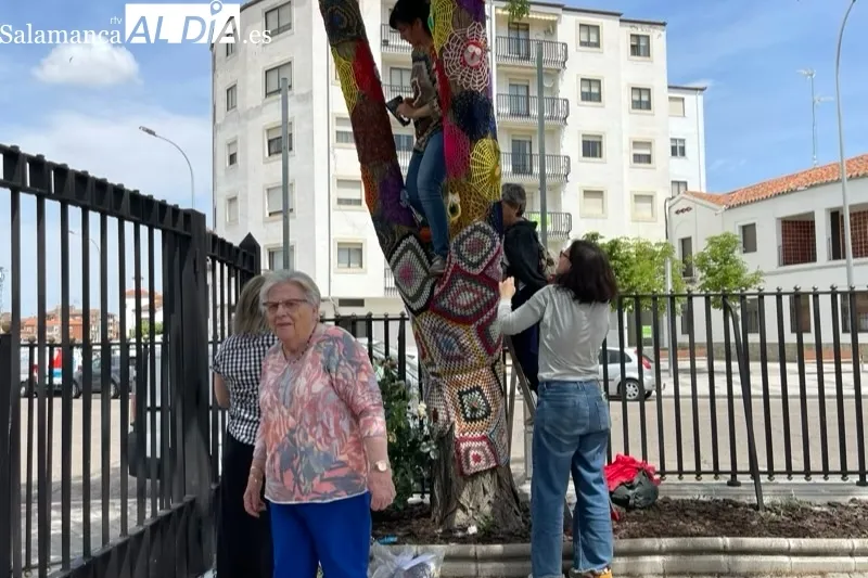 El grupo 'Ganchilleras en Acción' del Programa VIVE ha vestido este martes los árboles del parque La Huerta