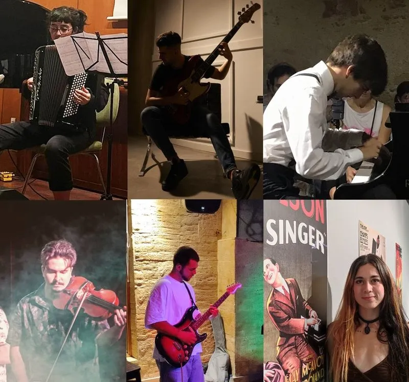 De izquierda a derecha y de arriba a abajo: Marion (acordeón); Esteban Rivera (bajo y trompeta); Alejandro Caballero (piano); Raúl Dimanuel (viola); Xabi Verdura (guitarra) y Cristina del Pozo Tovar (voz).