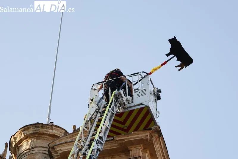 Colocación de 'La Mariseca' en la espadaña de la Plaza Mayor de Salamanca. Fotos: David Sañudo