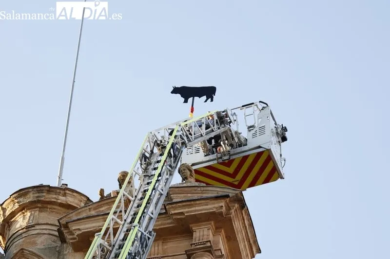 Colocación de 'La Mariseca' en la espadaña de la Plaza Mayor de Salamanca. Fotos: David Sañudo