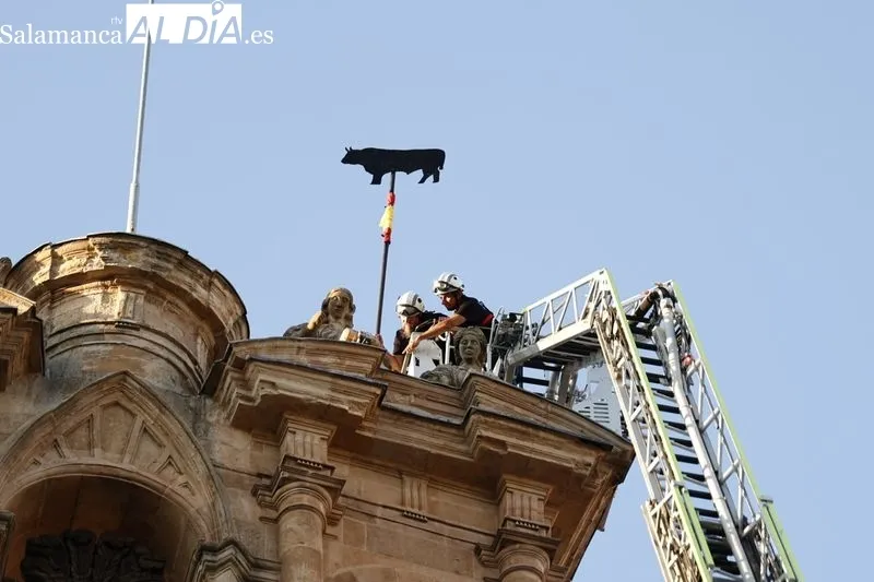Colocación de 'La Mariseca' en la espadaña de la Plaza Mayor de Salamanca. Fotos: David Sañudo
