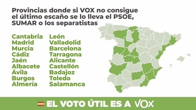 Mapa de España donde Vox reivindica ser el voto útil el 23J. Gráfico de VOX