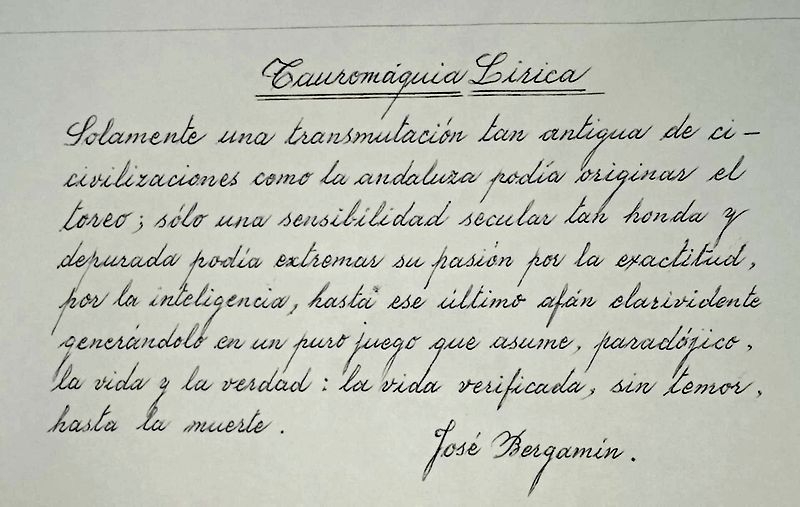Texto caligrafiado por Luis Regalado de José Bergamín