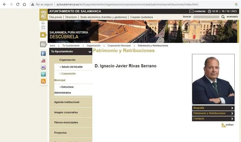 Imagen de archivo de la fachada del Ayuntamiento de Salamanca y web del Ayuntamiento con las declaraciones de bienes del alcalde y los portavoces de PSOE y Vox