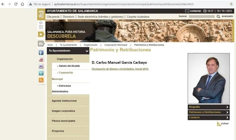 Imagen de archivo de la fachada del Ayuntamiento de Salamanca y web del Ayuntamiento con las declaraciones de bienes del alcalde y los portavoces de PSOE y Vox