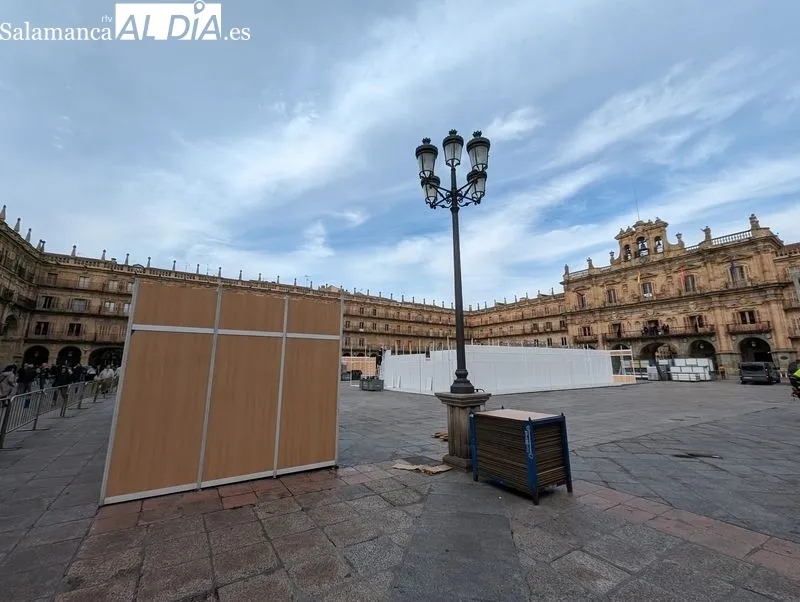 Trabajos de esta mañana en la Plaza Mayor de Salamanca. Foto de David Sañudo