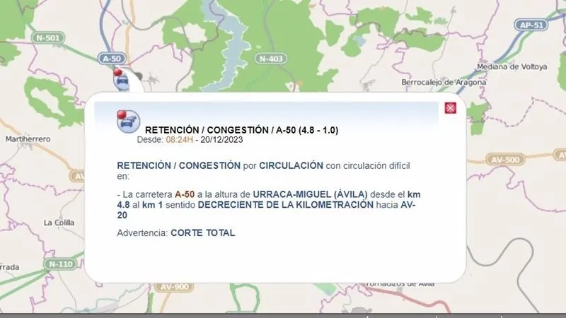 Gráfico elaborado por la DGT con datos sobre el corte de la circulación en la A-50 en Martiherrero - DGT