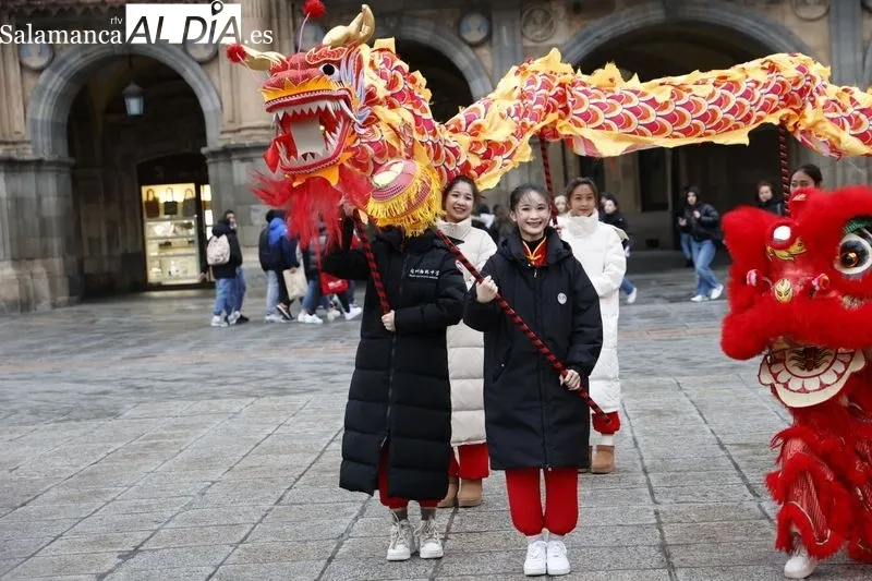 Pasacalles ‘Baile del dragón y leones’ por la Plaza Mayor. Fotos: David Sañudo